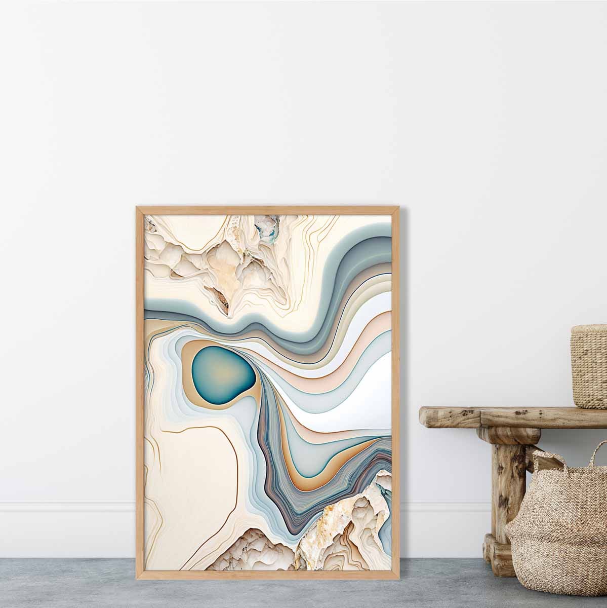 Abstrakter Kunstdruck im zeitgenössischen Stil in Beige und Blau Nr. 1