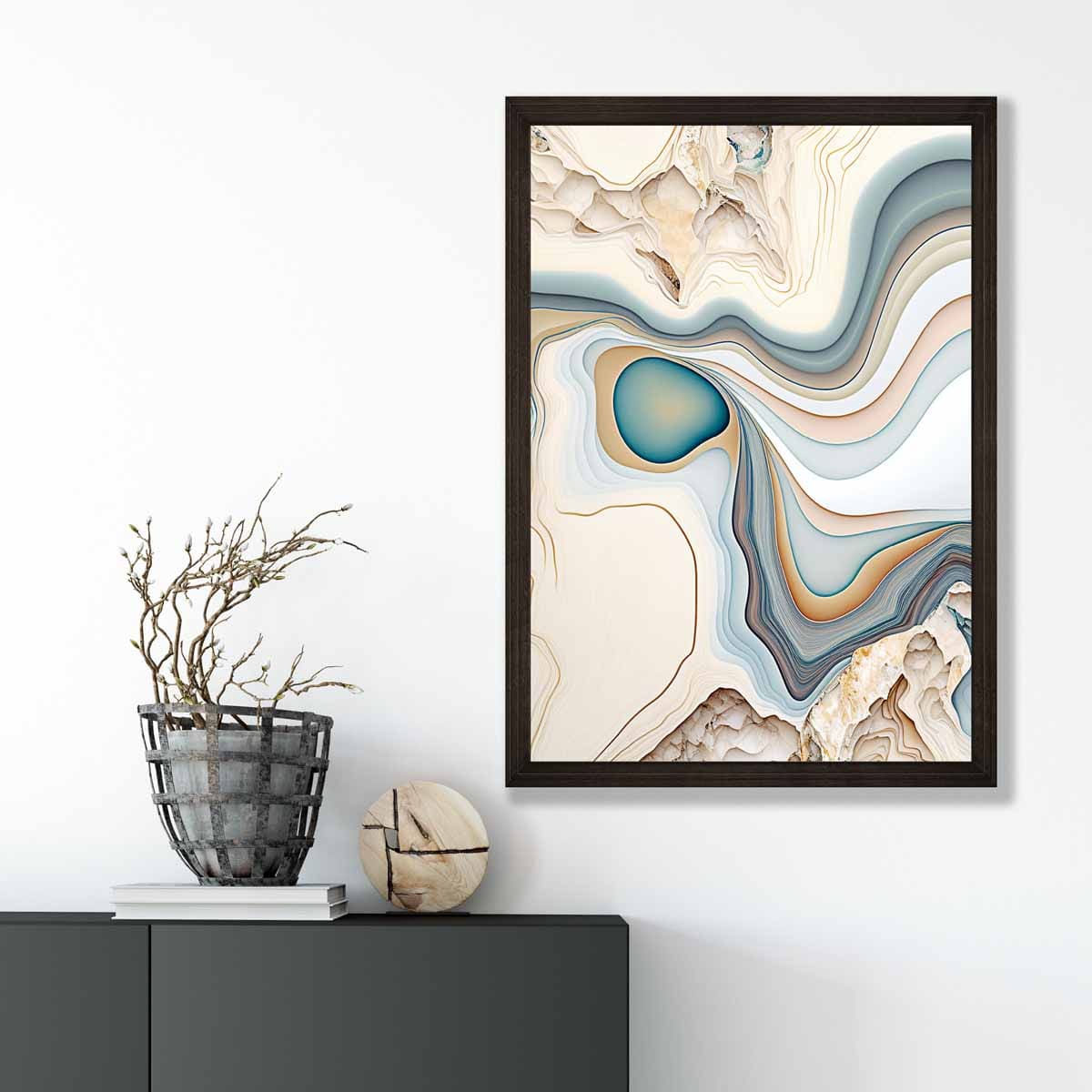 Abstrakter Kunstdruck im zeitgenössischen Stil in Beige und Blau Nr. 1