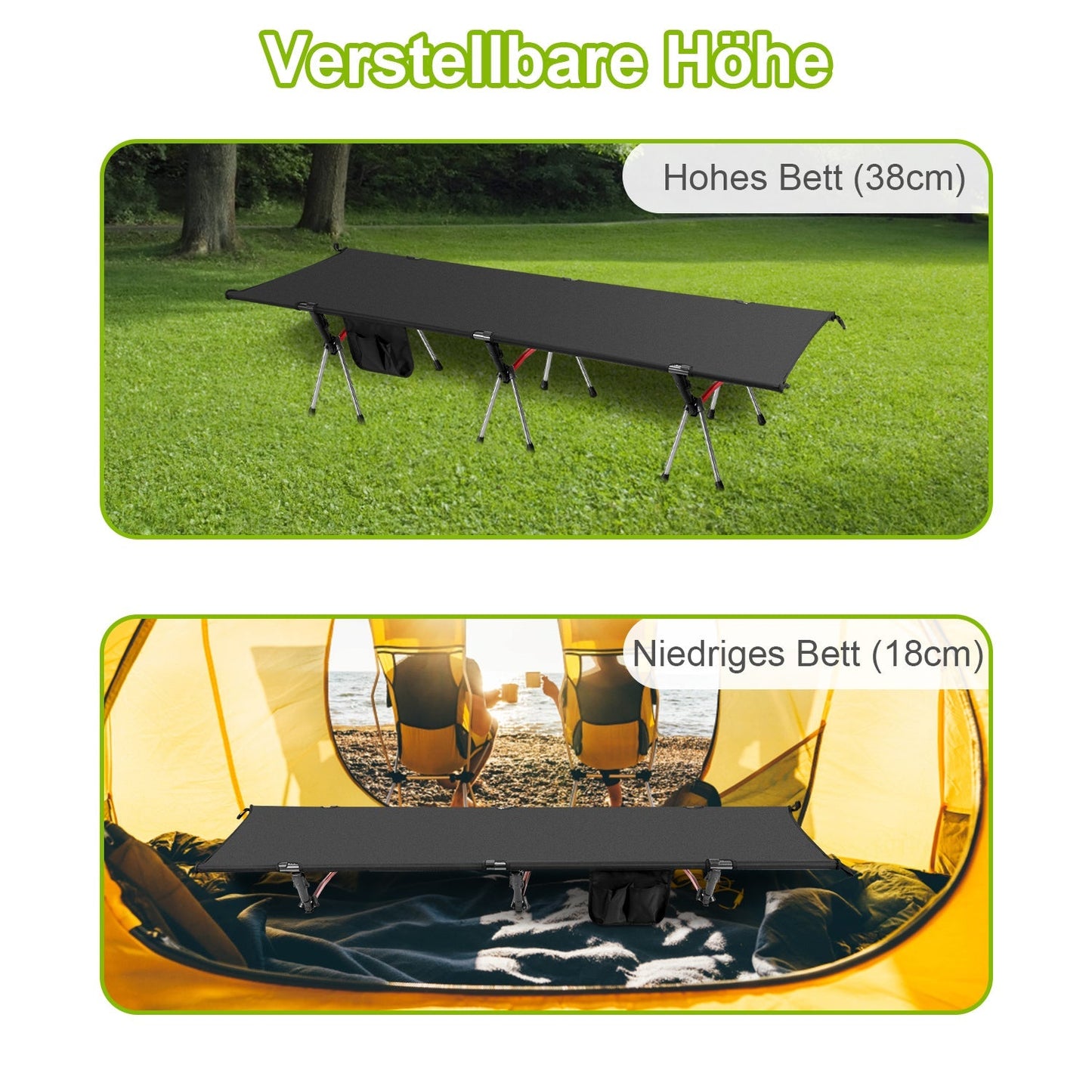 Feldbett Schwarz Klappbett Campingbett Höhenverstellbar | Brehn