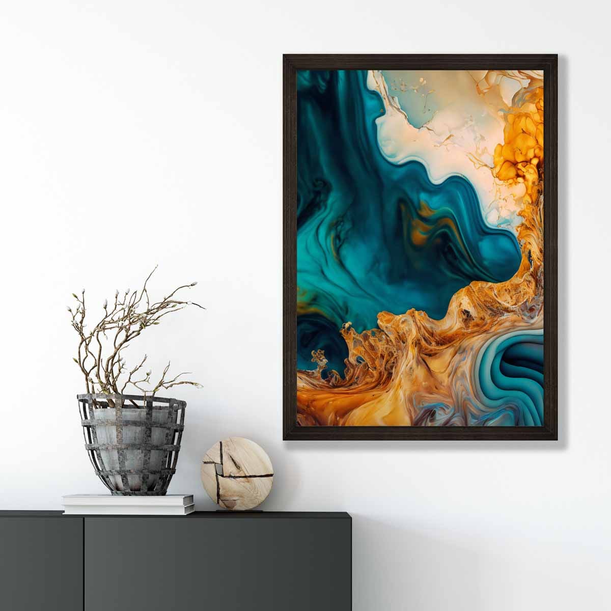Abstrakte Flüssigkunstdrucke in Blau und Orange Nr. 3