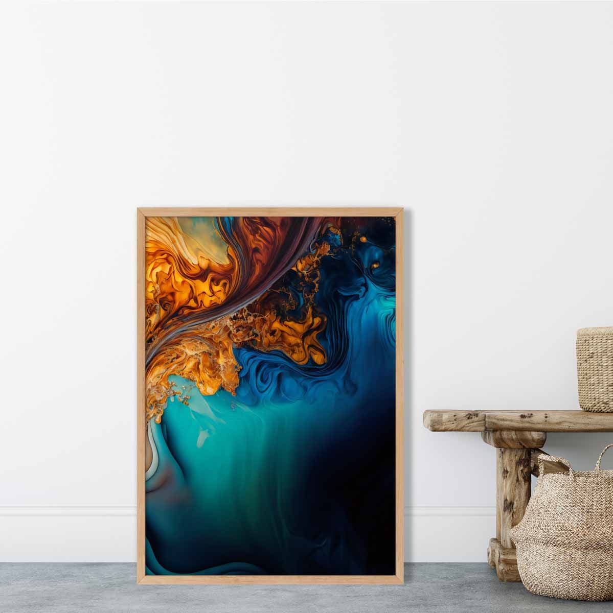 Abstrakte Flüssigkunstdrucke in Blau und Orange Nr. 4
