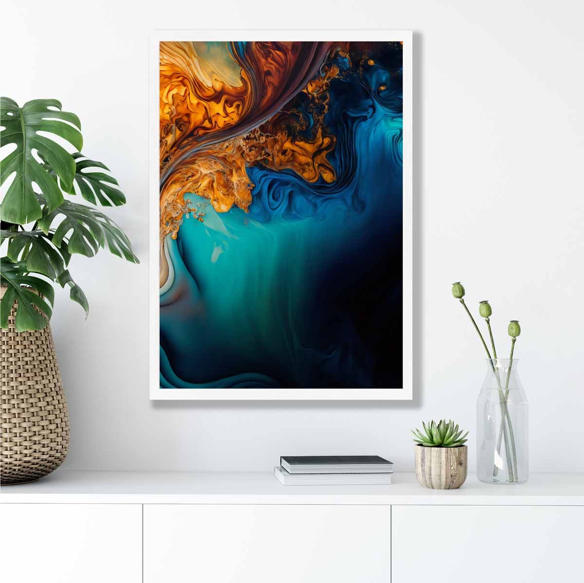 Abstrakte Flüssigkunstdrucke in Blau und Orange Nr. 4