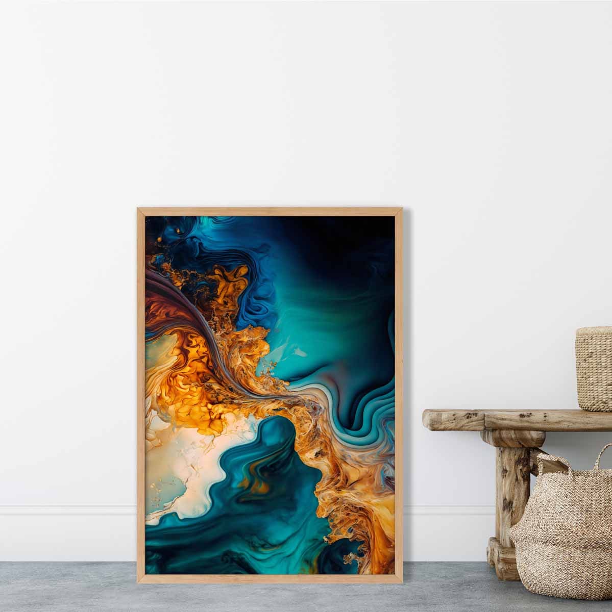 Abstrakte Fluid-Art-Drucke in Blau und Orange Nr. 5