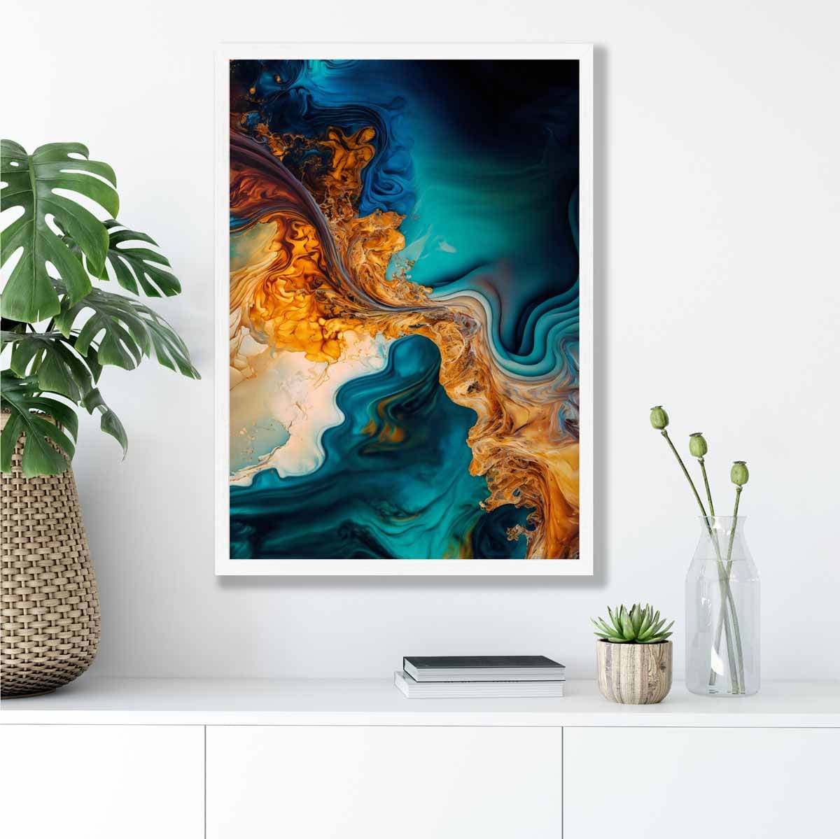 Abstrakte Fluid-Art-Drucke in Blau und Orange Nr. 5
