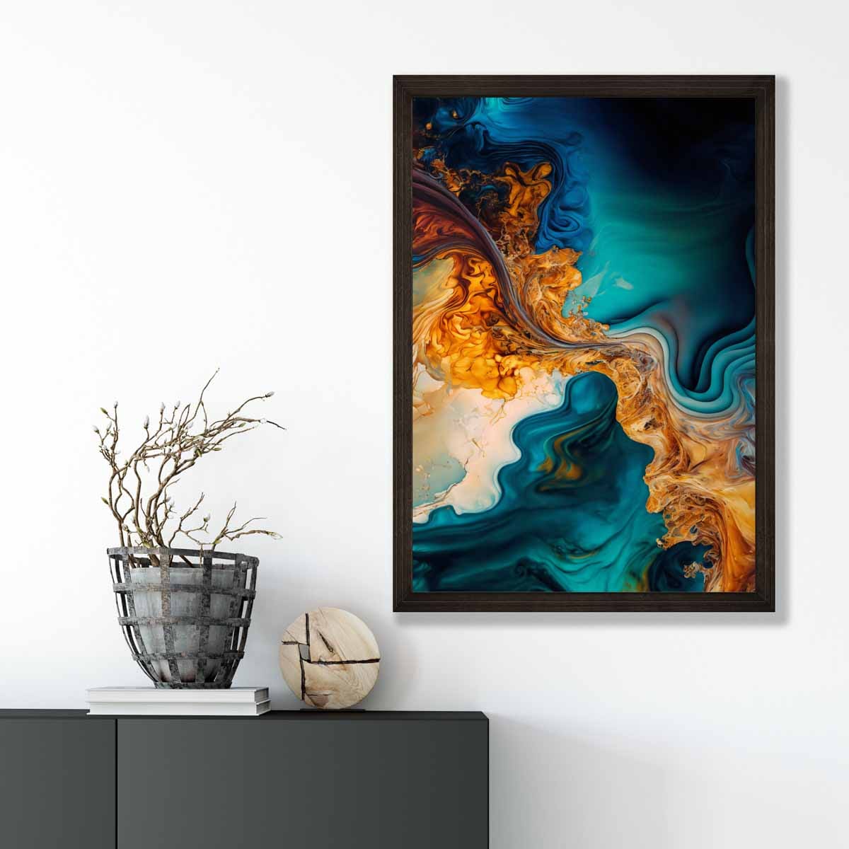 Abstrakte Fluid-Art-Drucke in Blau und Orange Nr. 5