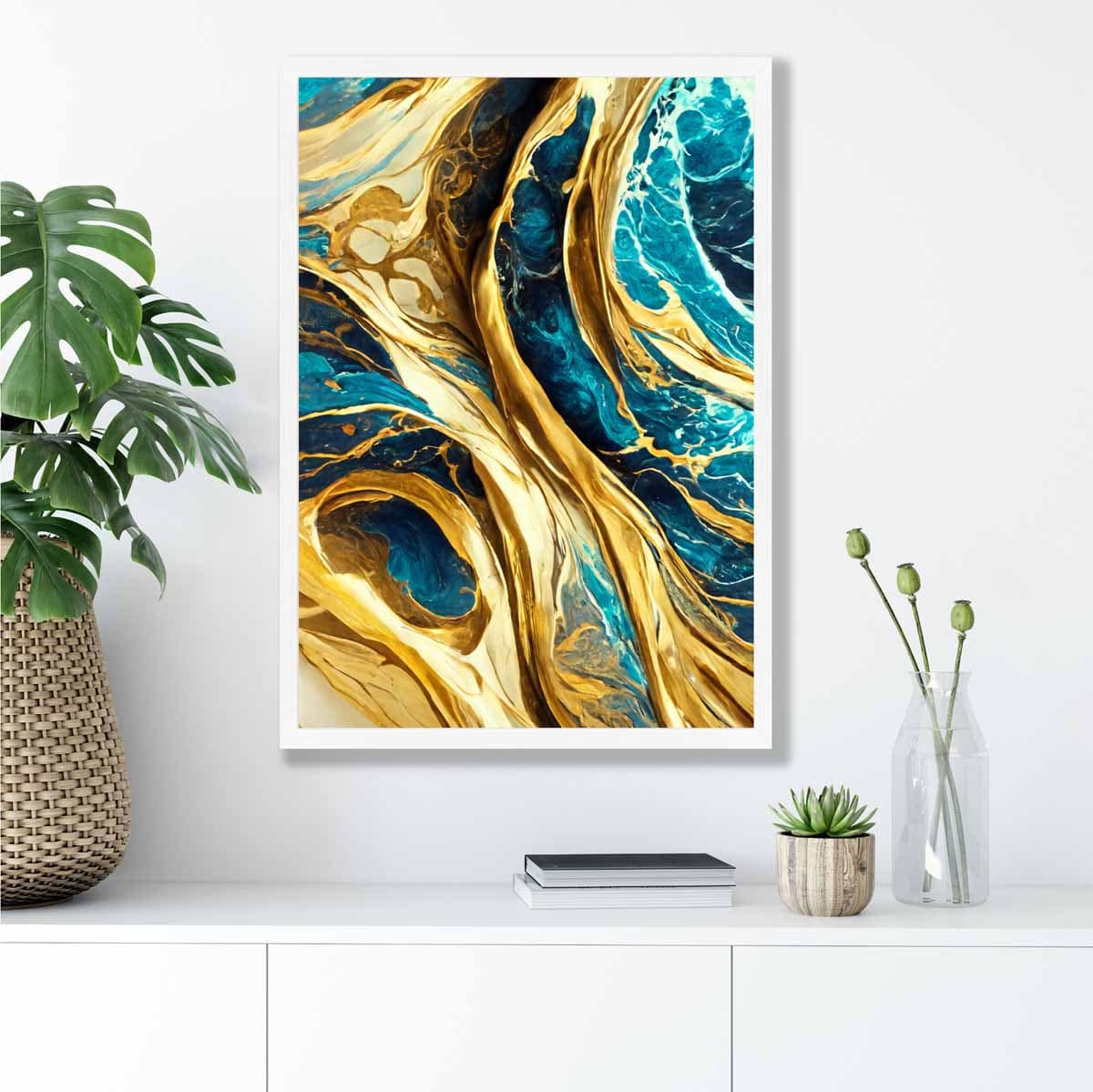 Abstrakter Kunstdruck: Wellen in Blau-Gold-Effekt
