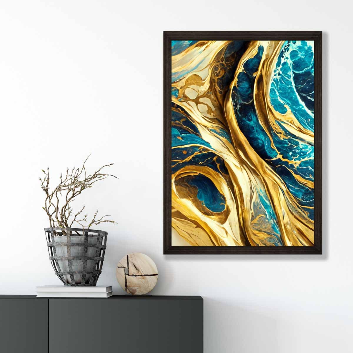 Abstrakter Kunstdruck: Wellen in Blau-Gold-Effekt