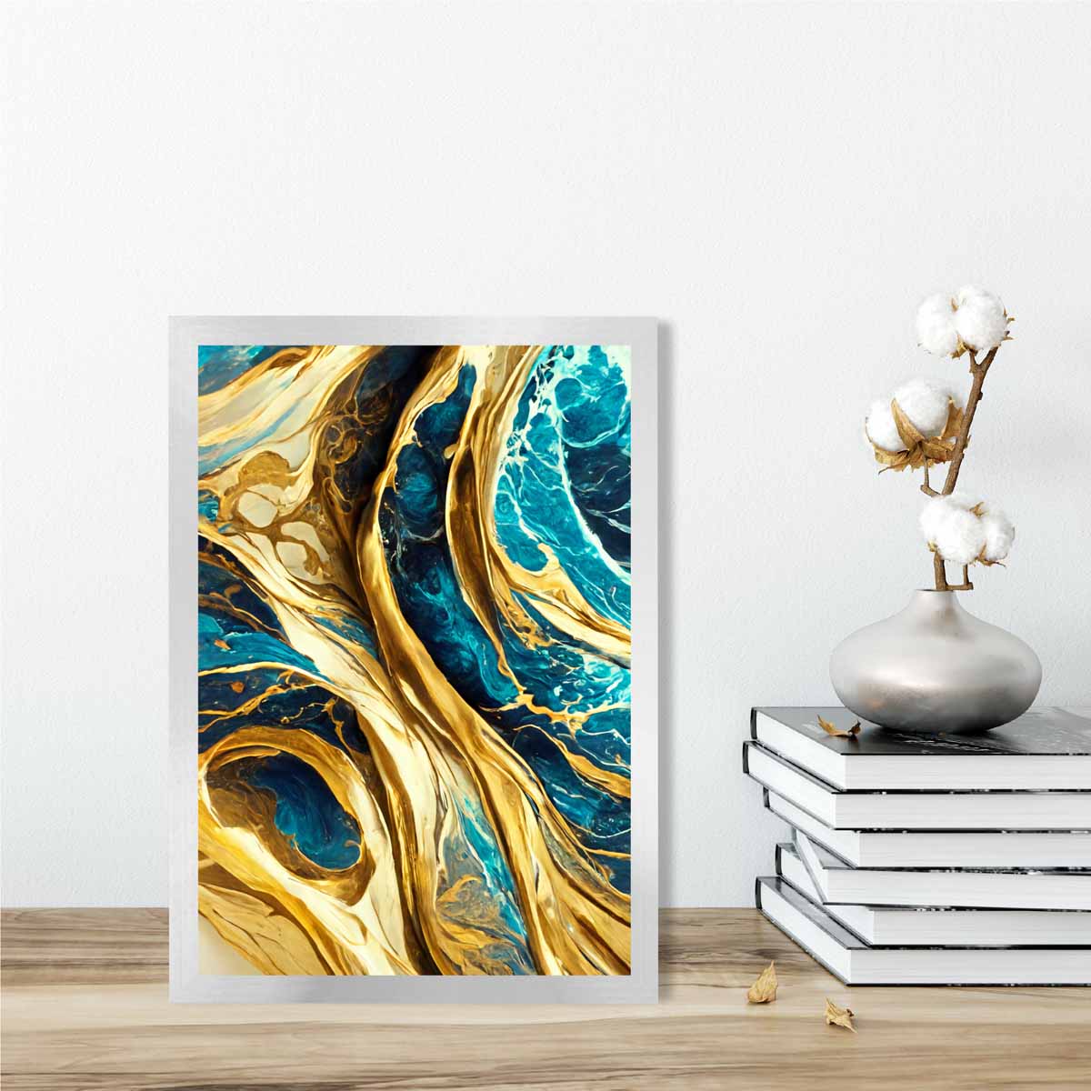 Abstrakter Kunstdruck: Wellen in Blau-Gold-Effekt