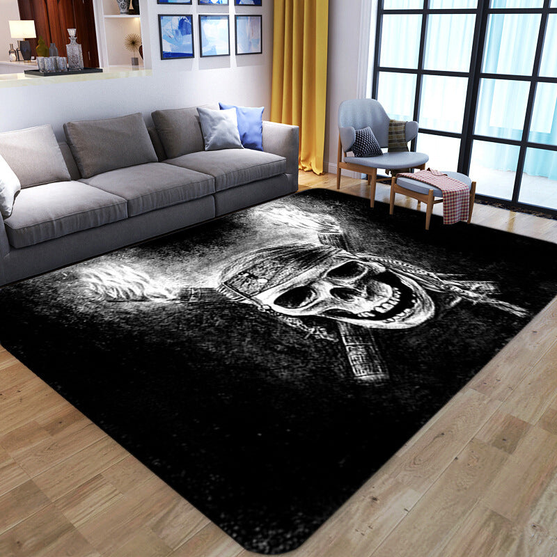 Brehn | Punk Abstract Skull Print Teppich Schwarz Neuheit Teppich Synthetik Fleckenbeständig Maschinenwaschbar Rutschfeste Rückseite Teppich für Wohnzimmer