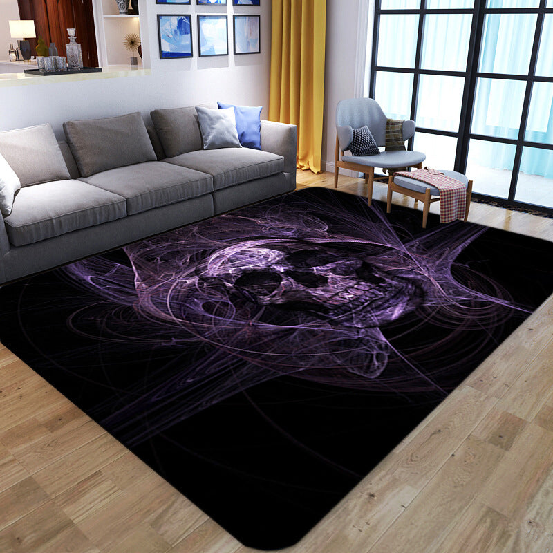 Brehn | Punk Abstract Skull Print Teppich Schwarz Neuheit Teppich Synthetik Fleckenbeständig Maschinenwaschbar Rutschfeste Rückseite Teppich für Wohnzimmer
