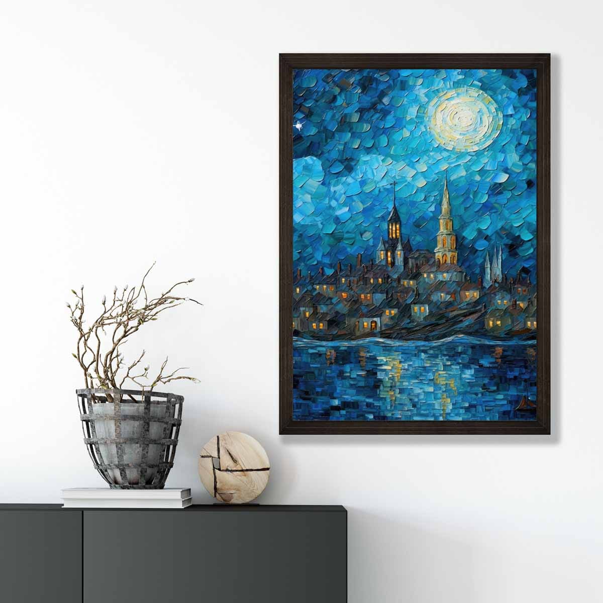 Stadt am See bei Nacht, Spachtelmalerei, Kunstdruck
