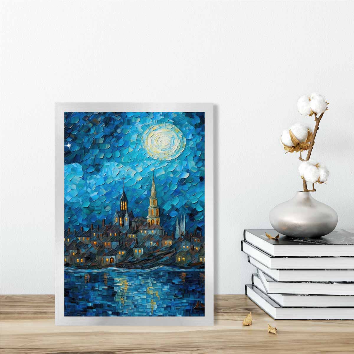 Stadt am See bei Nacht, Spachtelmalerei, Kunstdruck