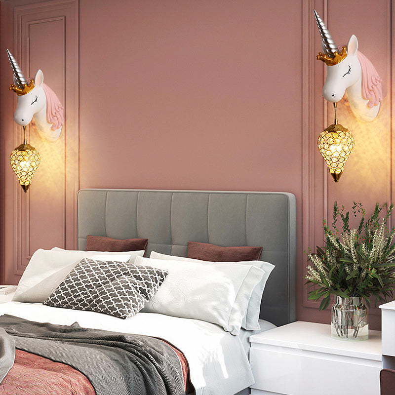 Brehn | Resin Eenhoorn Wandlamp Cartoon Enkel-Lamp Wandverlichting Fixture met Kristallen Kap