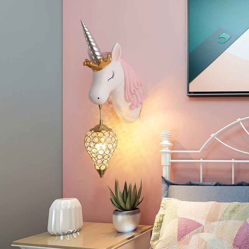Brehn | Resin Eenhoorn Wandlamp Cartoon Enkel-Lamp Wandverlichting Fixture met Kristallen Kap