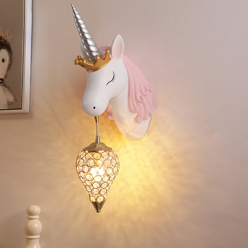 Brehn | Resin Eenhoorn Wandlamp Cartoon Enkel-Lamp Wandverlichting Fixture met Kristallen Kap