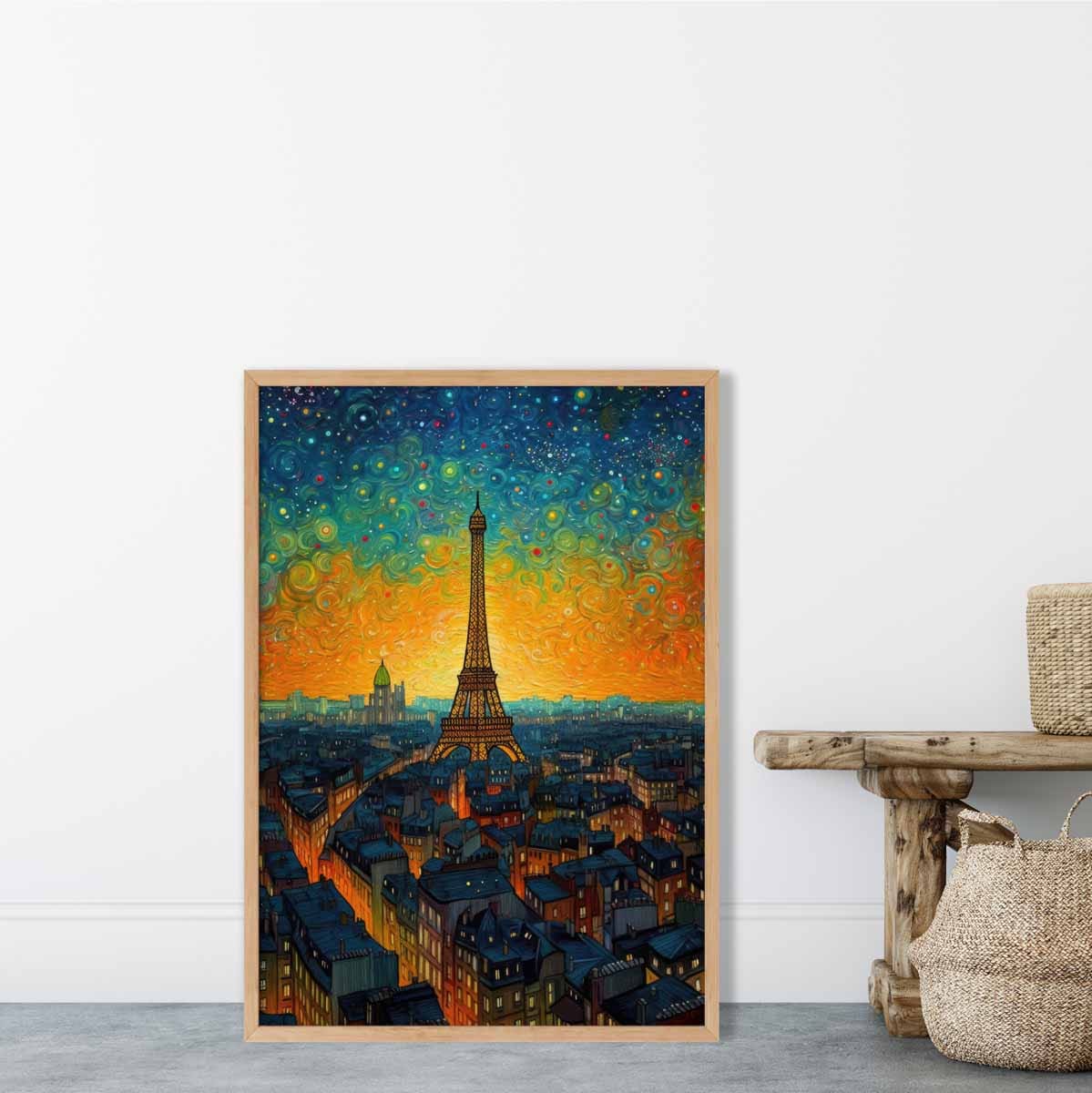 Farbenfroher Kunstdruck eines Gemäldes von Paris bei Sonnenuntergang