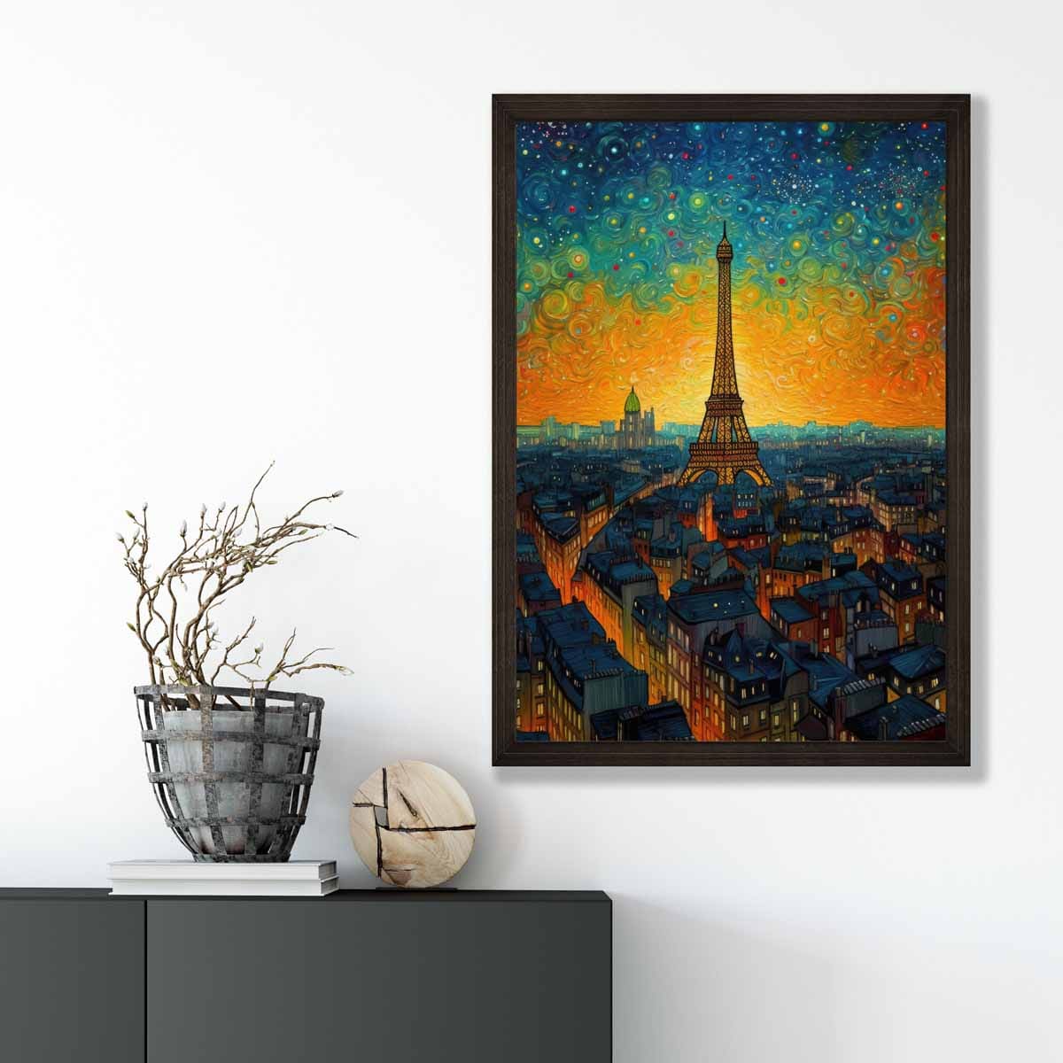 Farbenfroher Kunstdruck eines Gemäldes von Paris bei Sonnenuntergang