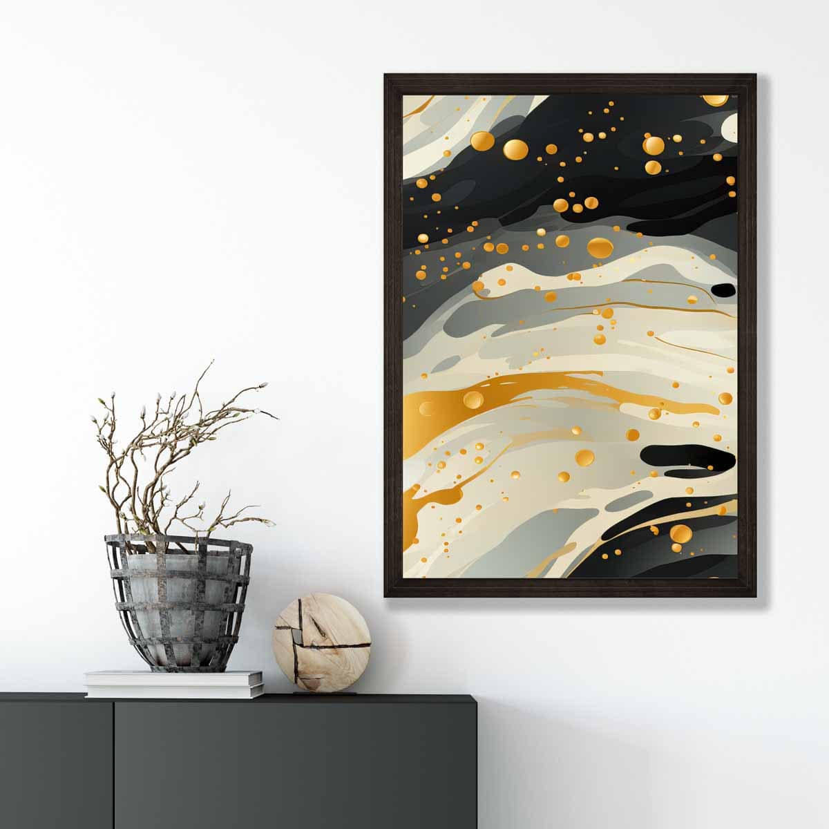 Abstrakter Flüssigkunstdruck Grau Beige und Gold Nr. 2