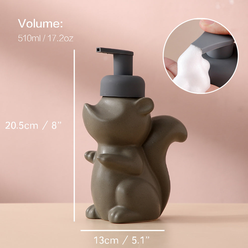 Brehn | Keramischer Seifenspender, Eichhörnchen Schaum-Pumpen Badezimmerflasche, Tierdesign, nachfüllbare wiederverwendbare Lotion-Pumpe für Badezimmer Küche, 510ml/17,2oz