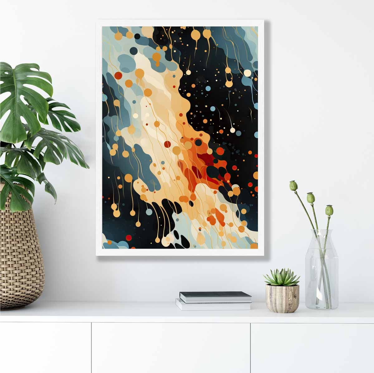 Abstrakter Flüssigkunstdruck Blau, Orange und Rot Nr. 1