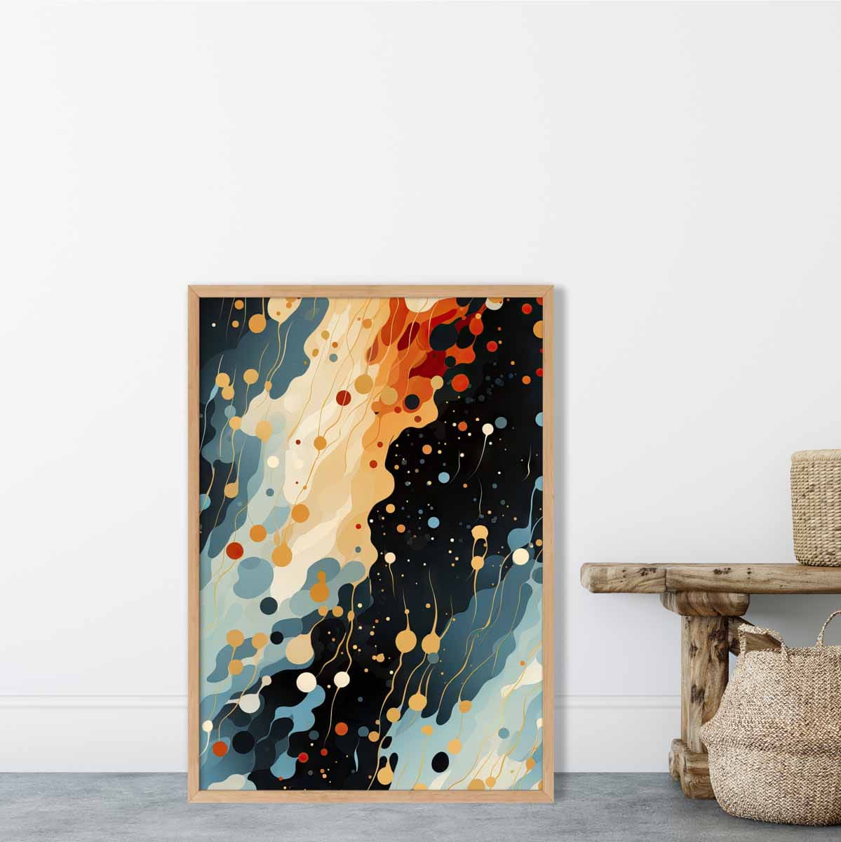 Abstrakter Fluid-Art-Druck Blau, Orange und Rot Nr. 2
