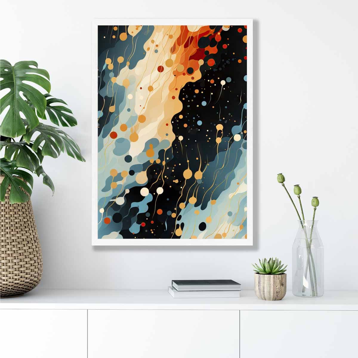 Abstrakter Fluid-Art-Druck Blau, Orange und Rot Nr. 2