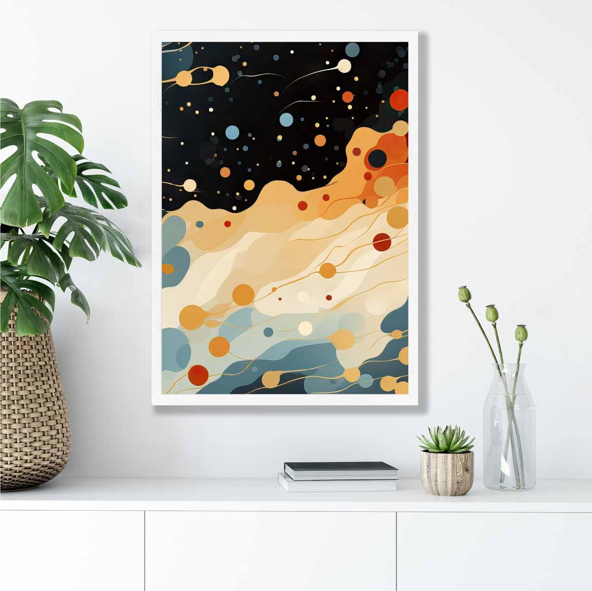 Abstrakter Fluid-Art-Druck Blau, Orange und Rot Nr. 4