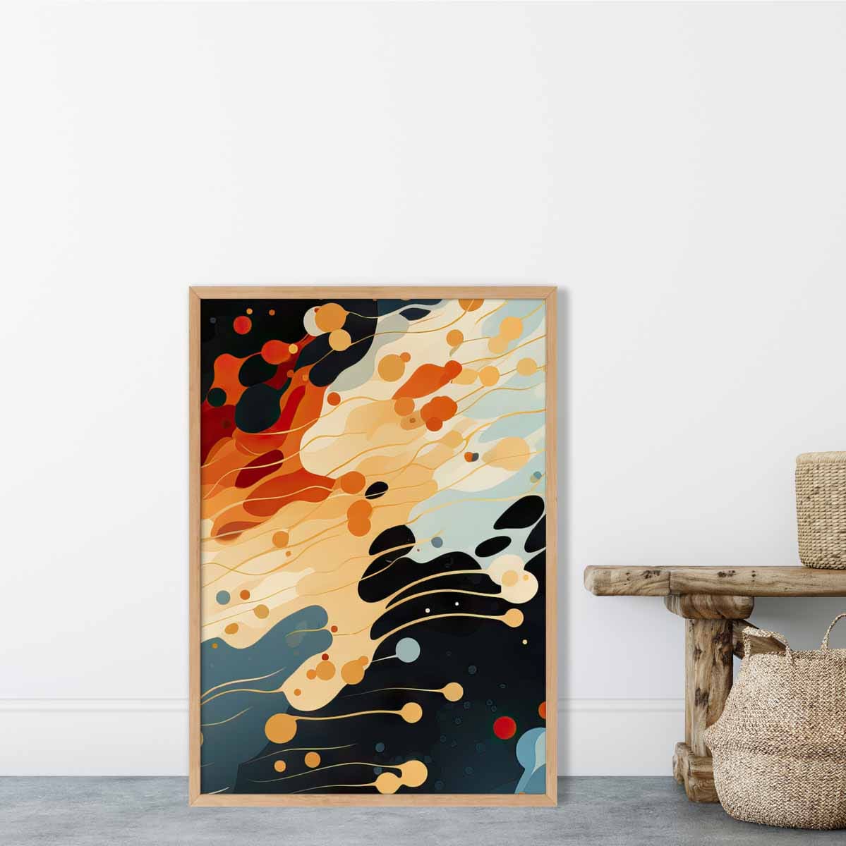 Abstrakter Flüssigkunstdruck Blau, Orange und Rot Nr. 5