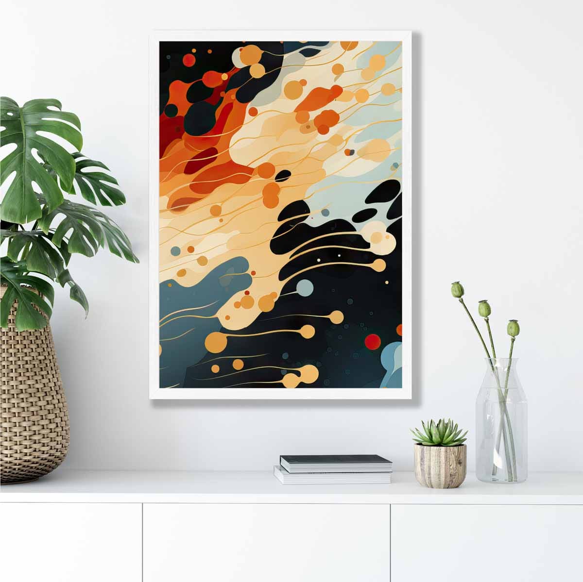 Abstrakter Flüssigkunstdruck Blau, Orange und Rot Nr. 5