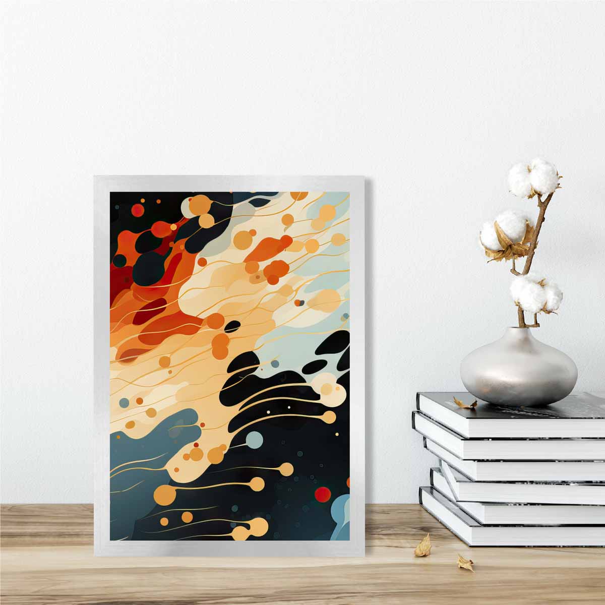 Abstrakter Flüssigkunstdruck Blau, Orange und Rot Nr. 5