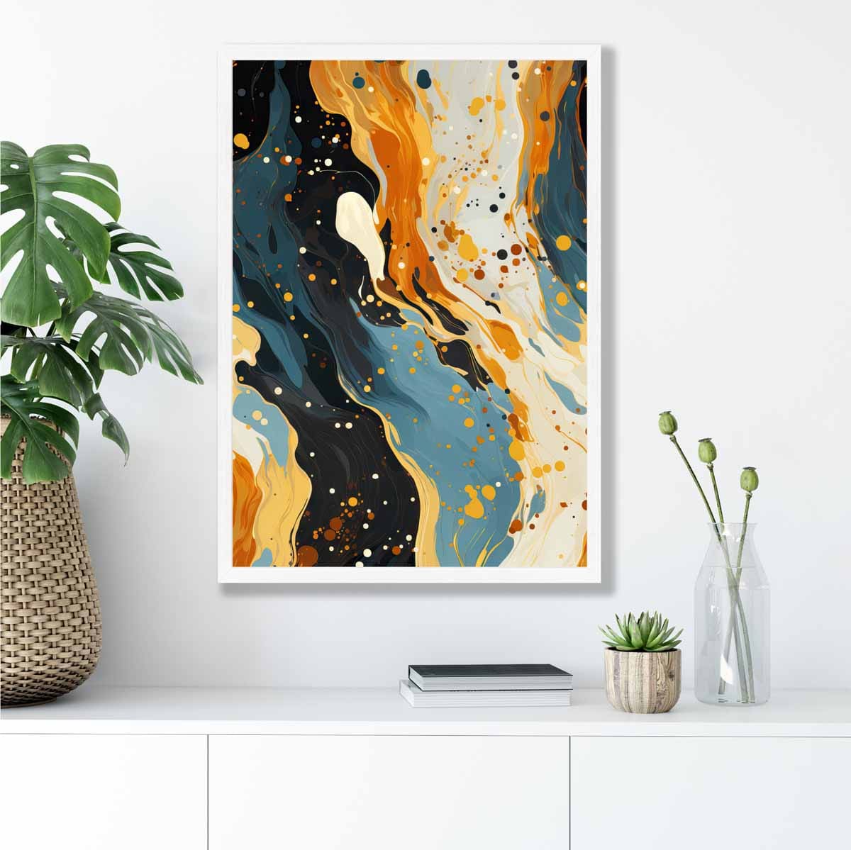 Abstraktes Gemälde, Fluid-Art-Druck, Blau, Orange und Beige Nr. 1