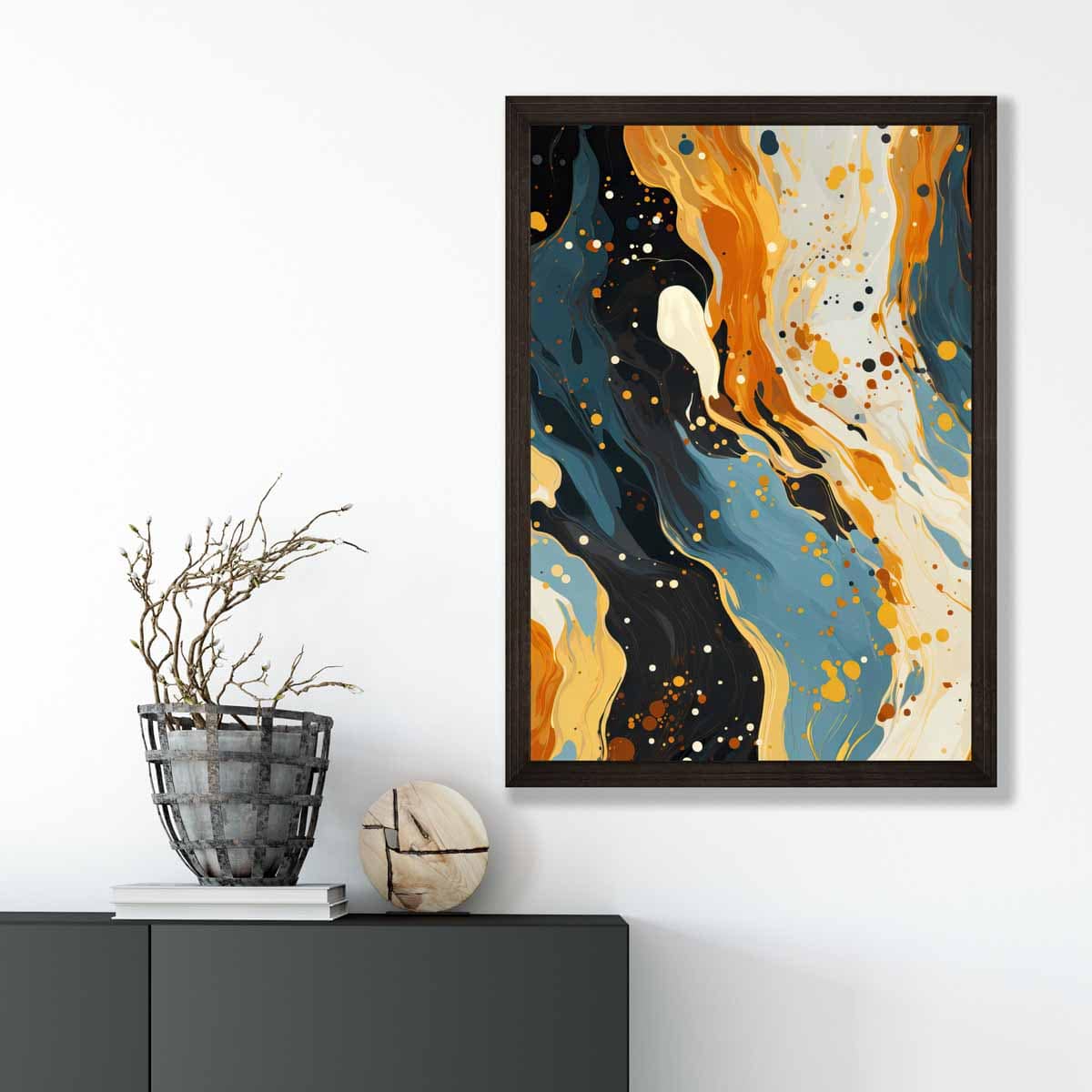 Abstraktes Gemälde, Fluid-Art-Druck, Blau, Orange und Beige Nr. 1