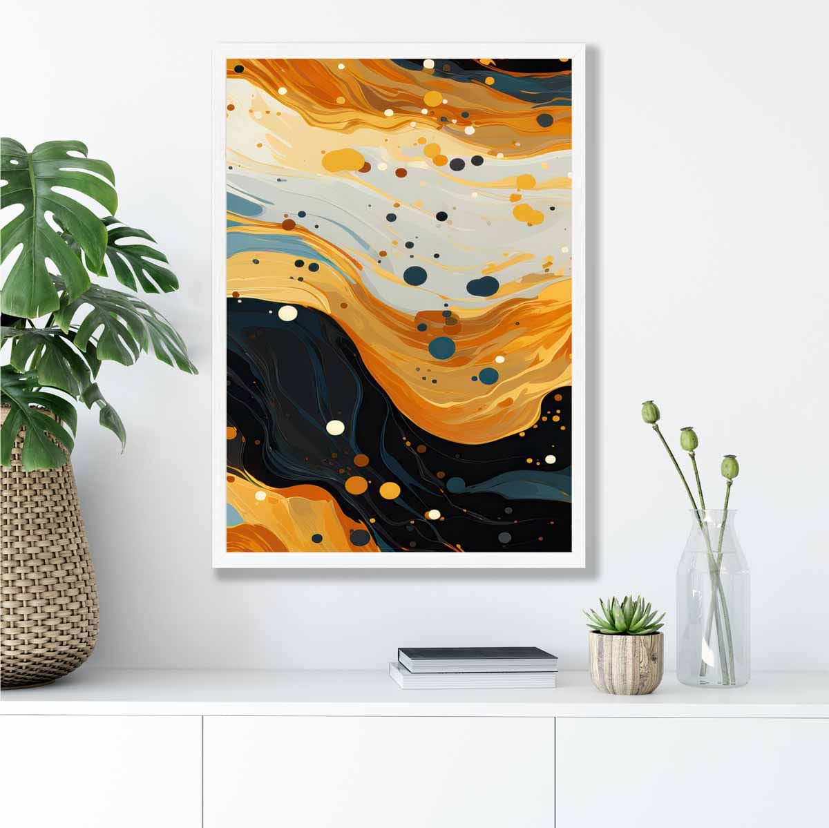 Abstraktes Gemälde, Fluid-Art-Druck, Blau, Orange und Beige Nr. 3