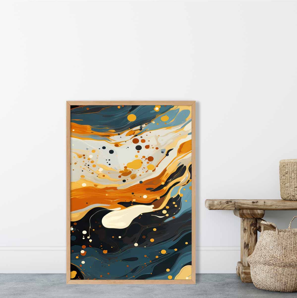 Abstraktes Gemälde, Flüssigkunstdruck, Blau, Orange und Beige Nr. 4