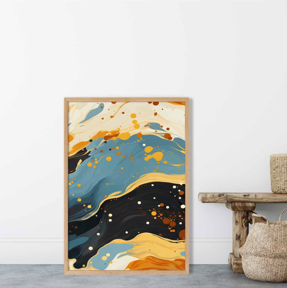 Abstraktes Gemälde, Fluid-Art-Druck, Blau, Orange und Beige Nr. 5