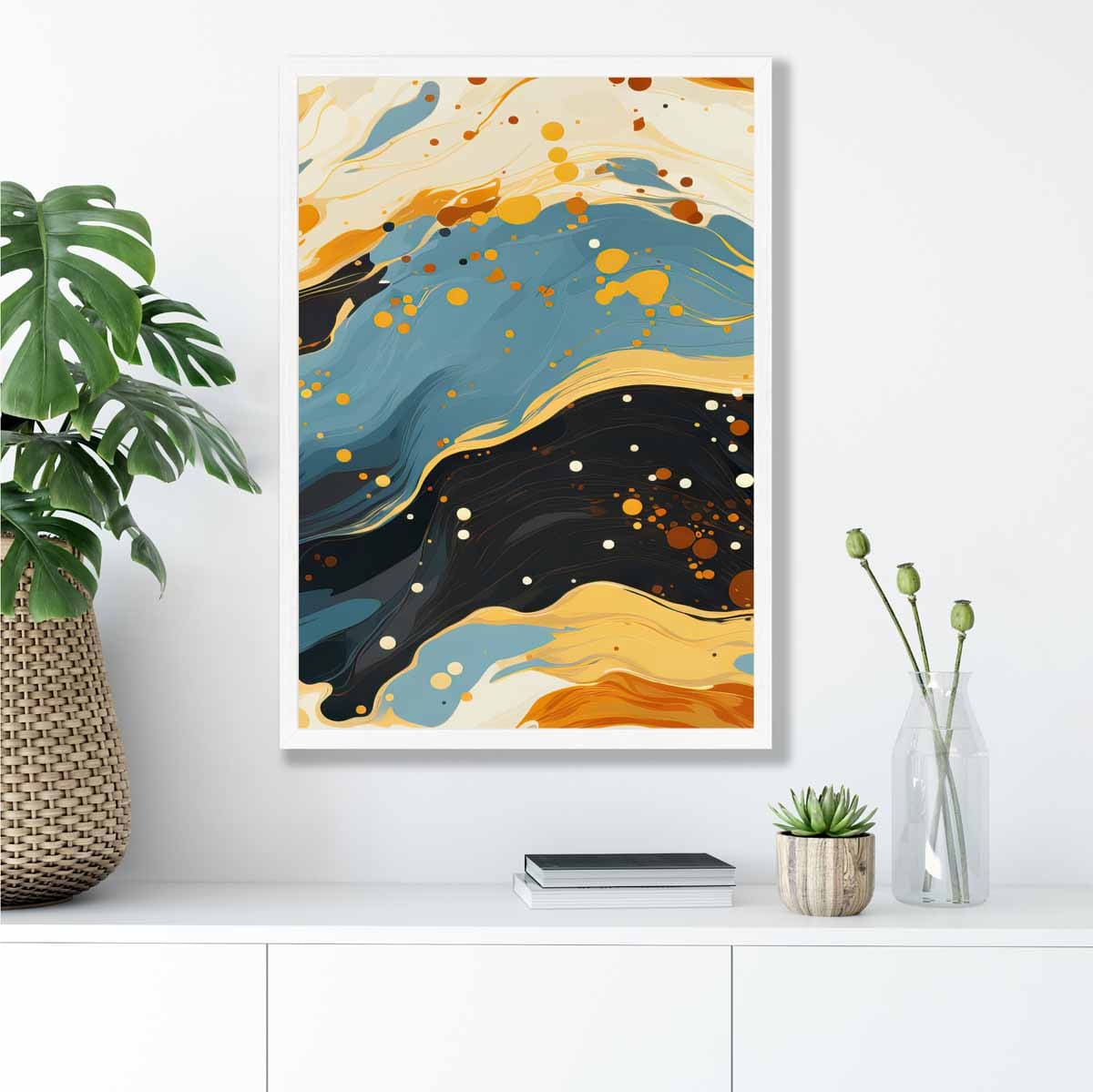 Abstraktes Gemälde, Fluid-Art-Druck, Blau, Orange und Beige Nr. 5