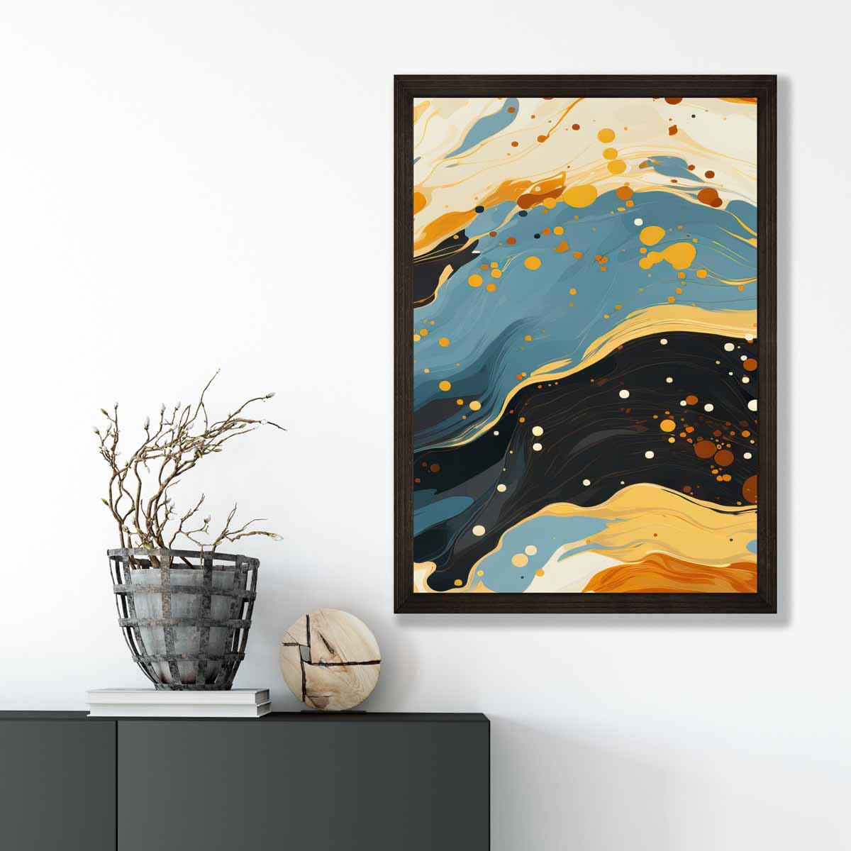 Abstraktes Gemälde, Fluid-Art-Druck, Blau, Orange und Beige Nr. 5