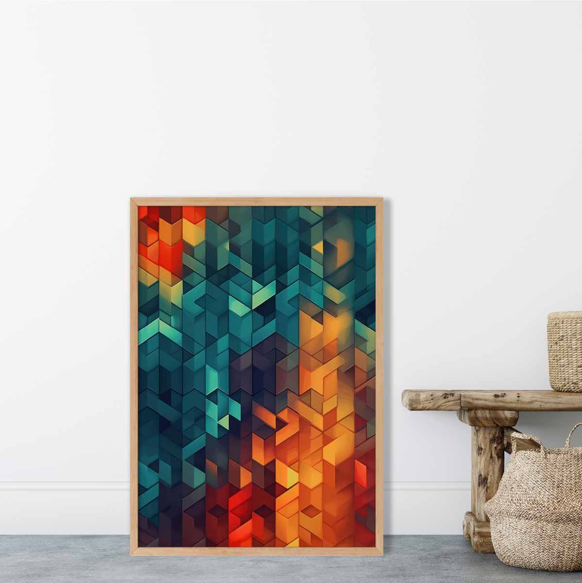 Abstrakter Kunstdruck geometrischer Formen, Blau, Orange und Rot Nr. 1