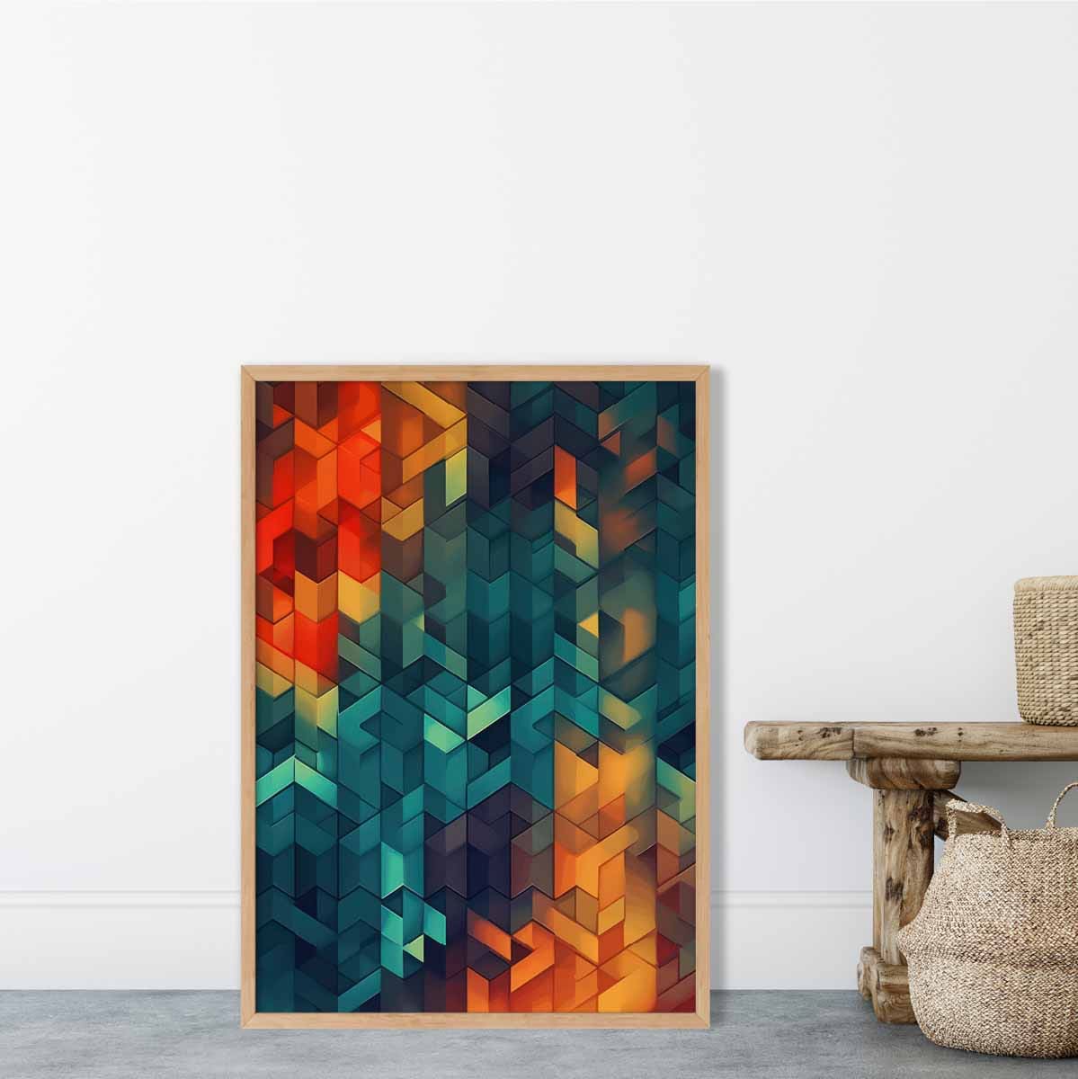 Abstrakter Kunstdruck mit geometrischen Formen, Blau, Orange und Rot, Nr. 3
