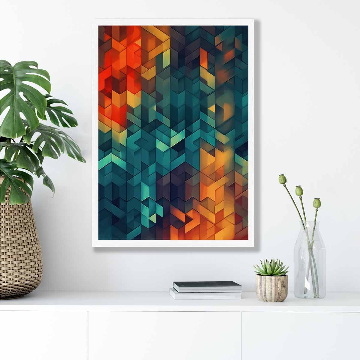 Abstrakter Kunstdruck mit geometrischen Formen, Blau, Orange und Rot, Nr. 3