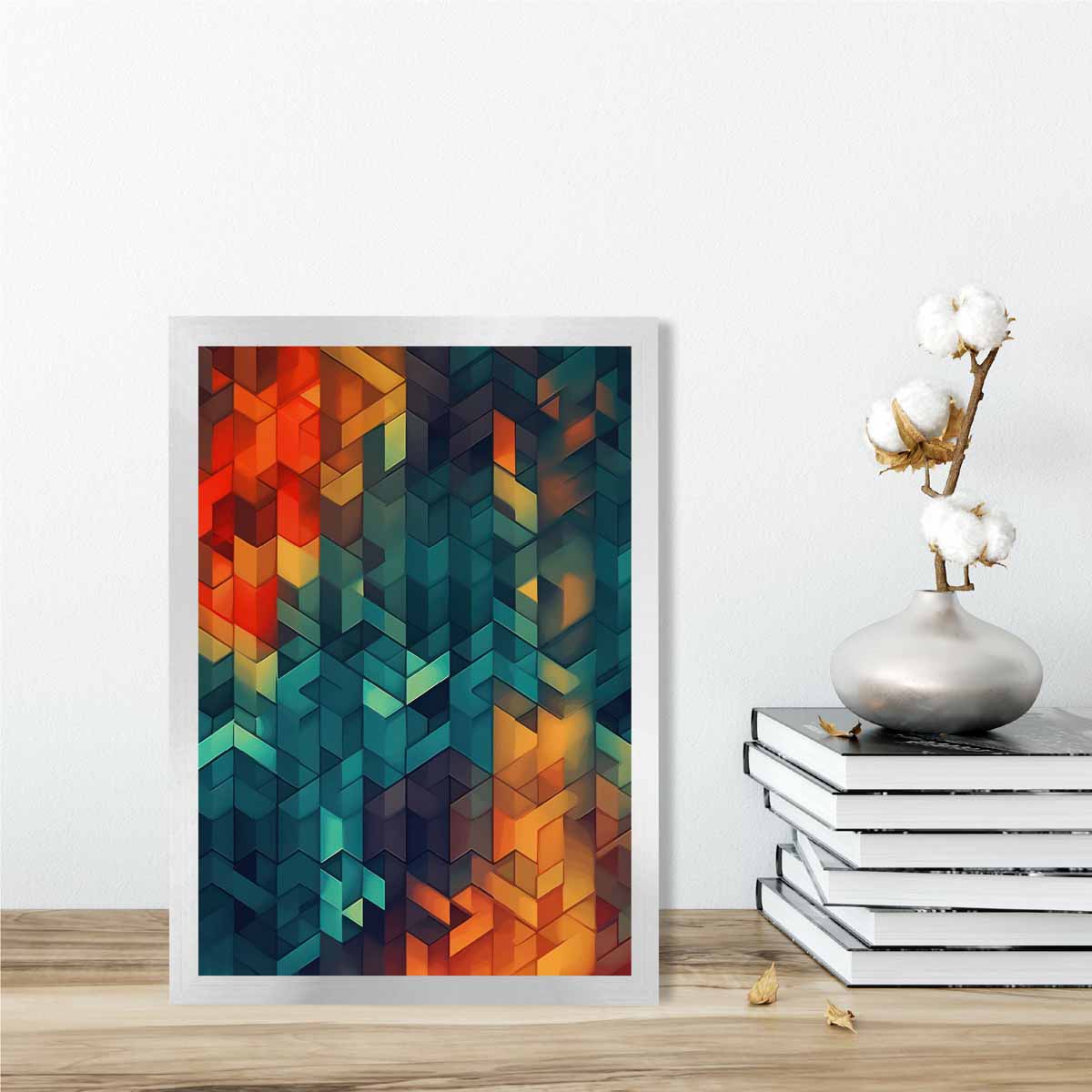 Abstrakter Kunstdruck mit geometrischen Formen, Blau, Orange und Rot, Nr. 3