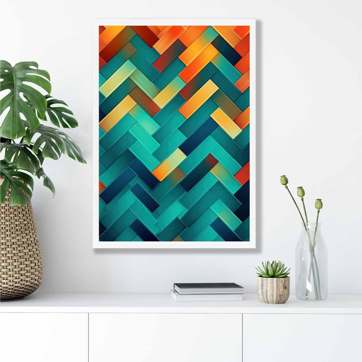 Abstrakter Kunstdruck mit geometrischen Formen in Türkis, Blau, Orange und Rot Nr. 1
