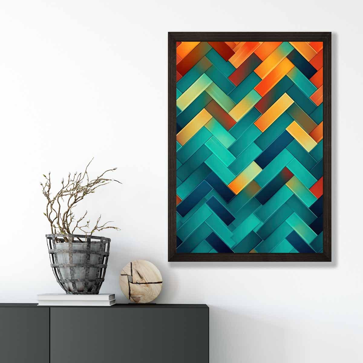 Abstrakter Kunstdruck mit geometrischen Formen in Türkis, Blau, Orange und Rot Nr. 1