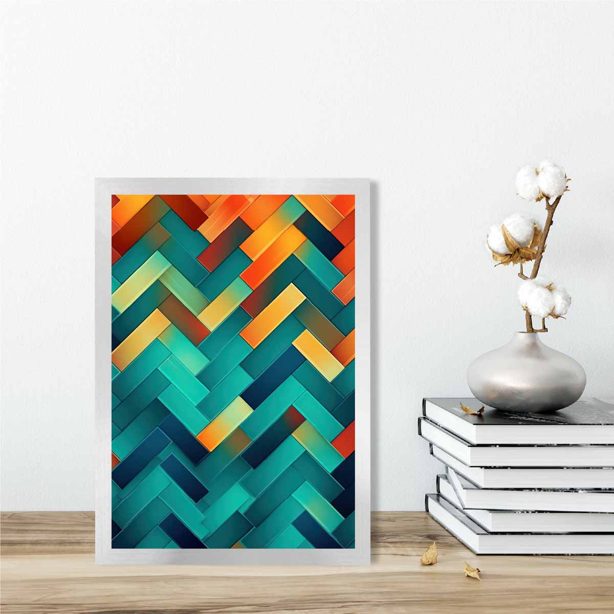 Abstrakter Kunstdruck mit geometrischen Formen in Türkis, Blau, Orange und Rot Nr. 1