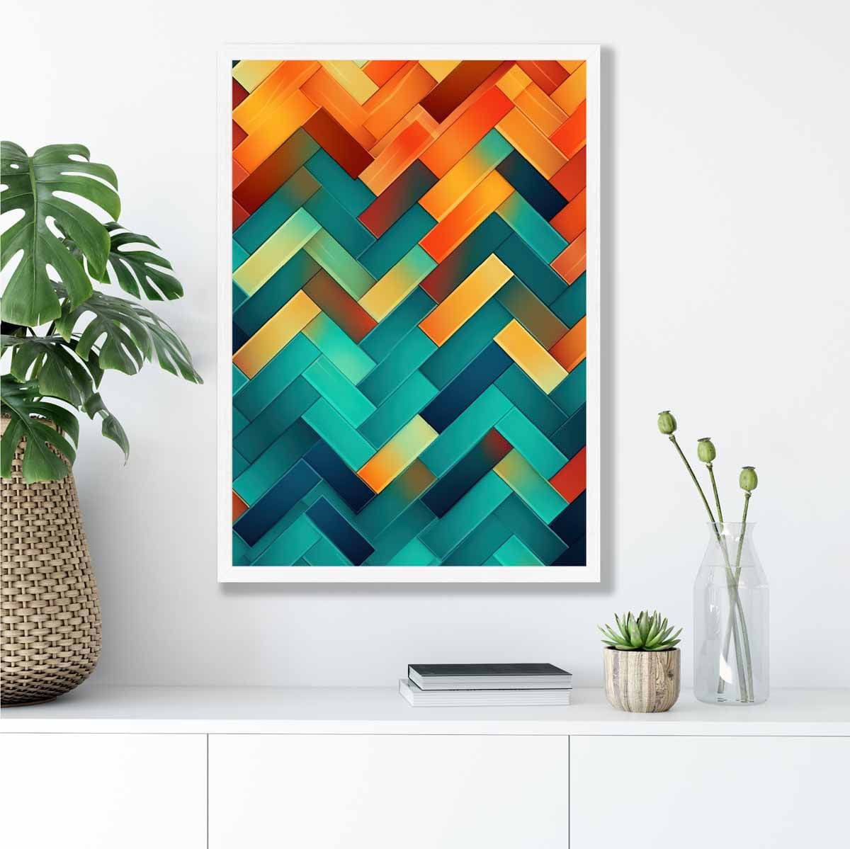 Abstrakter Kunstdruck mit geometrischen Formen in Türkis, Blau, Orange und Rot Nr. 2