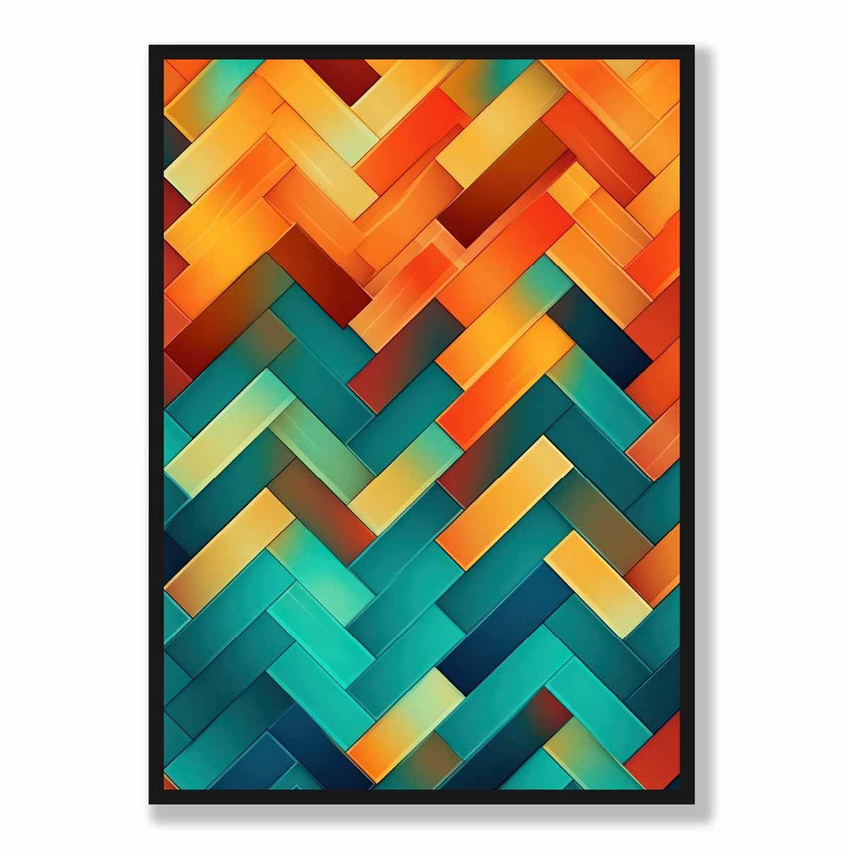 Abstrakter Kunstdruck mit geometrischen Formen in Türkis, Blau, Orange und Rot, Nr. 3