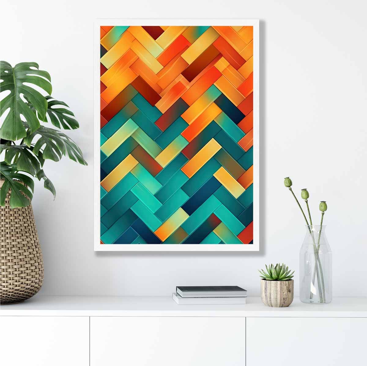 Abstrakter Kunstdruck mit geometrischen Formen in Türkis, Blau, Orange und Rot, Nr. 3