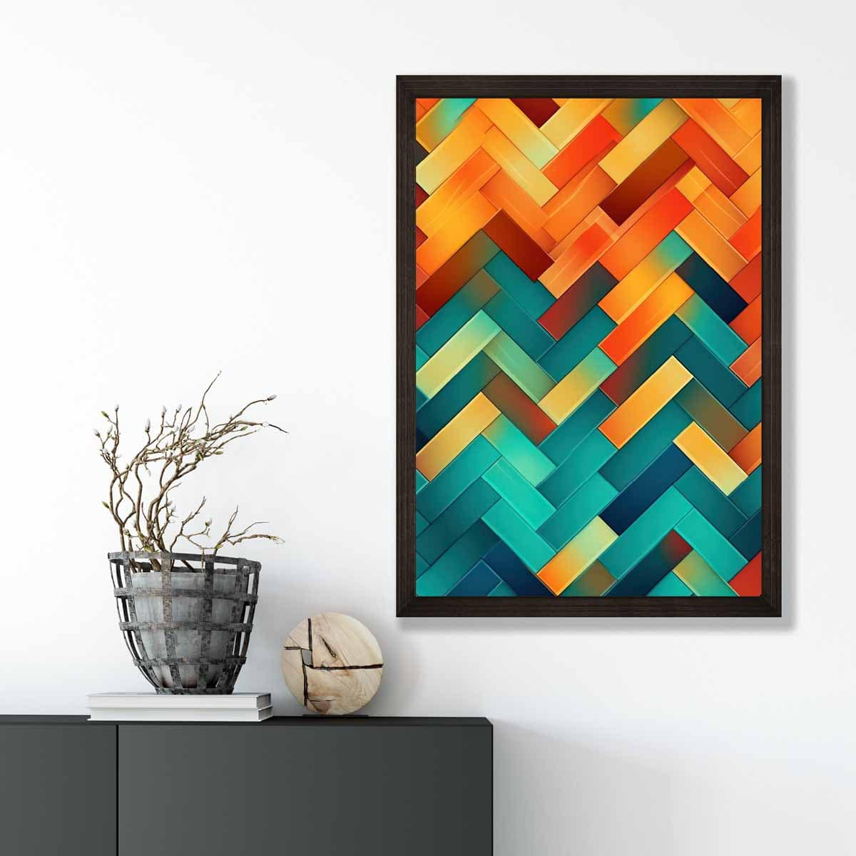 Abstrakter Kunstdruck mit geometrischen Formen in Türkis, Blau, Orange und Rot, Nr. 3