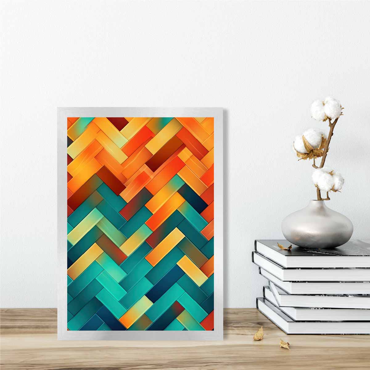 Abstrakter Kunstdruck mit geometrischen Formen in Türkis, Blau, Orange und Rot, Nr. 3