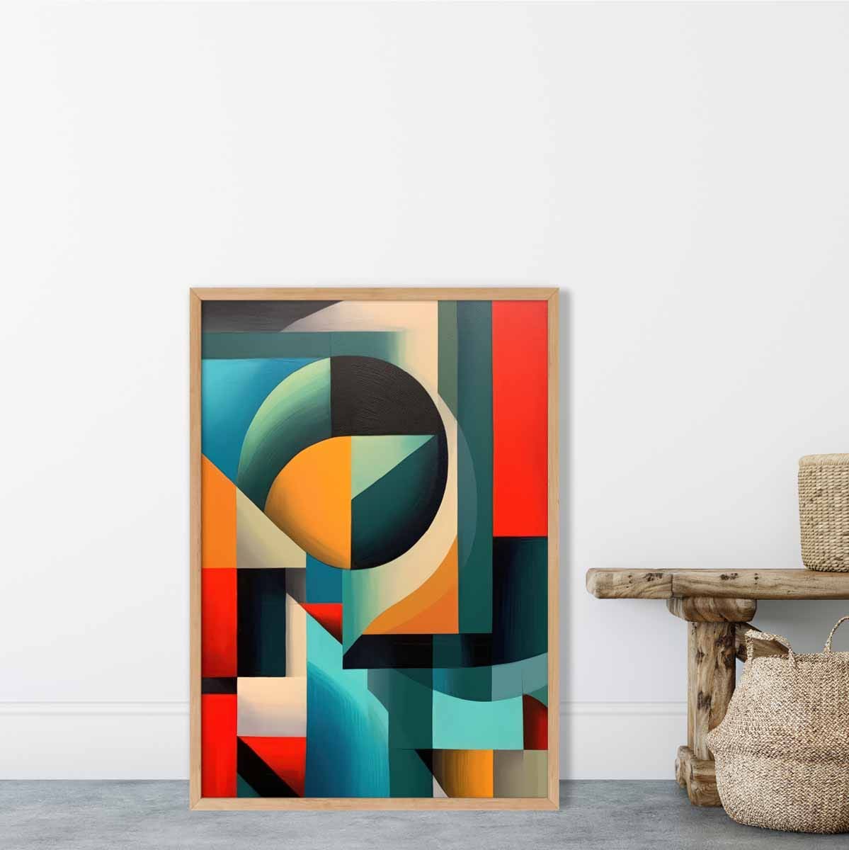 Abstrakter Kunstdruck mit farbenfrohen Formen, Blau, Rot, Orange Nr. 1